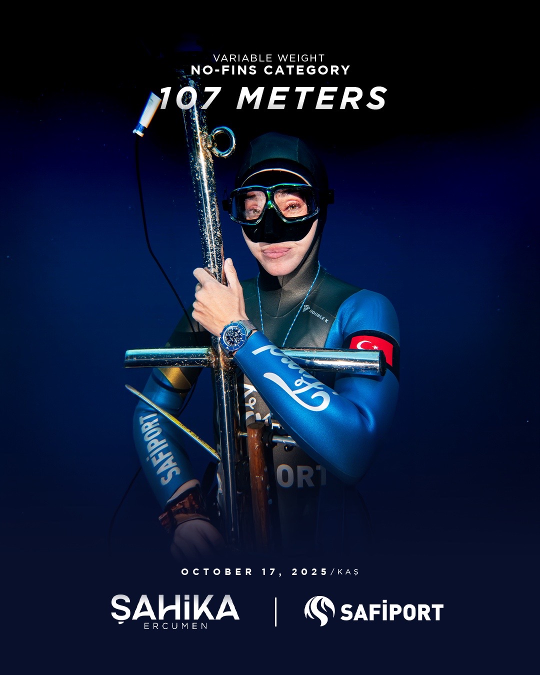 National athlete Şahika Ercümen aims to break her own world record by diving to 107 meters in the variable-weight, non-fin category in the Kaş district of Antalya. With her dive, the national athlete will also send the message, "Let Gaza breathe."