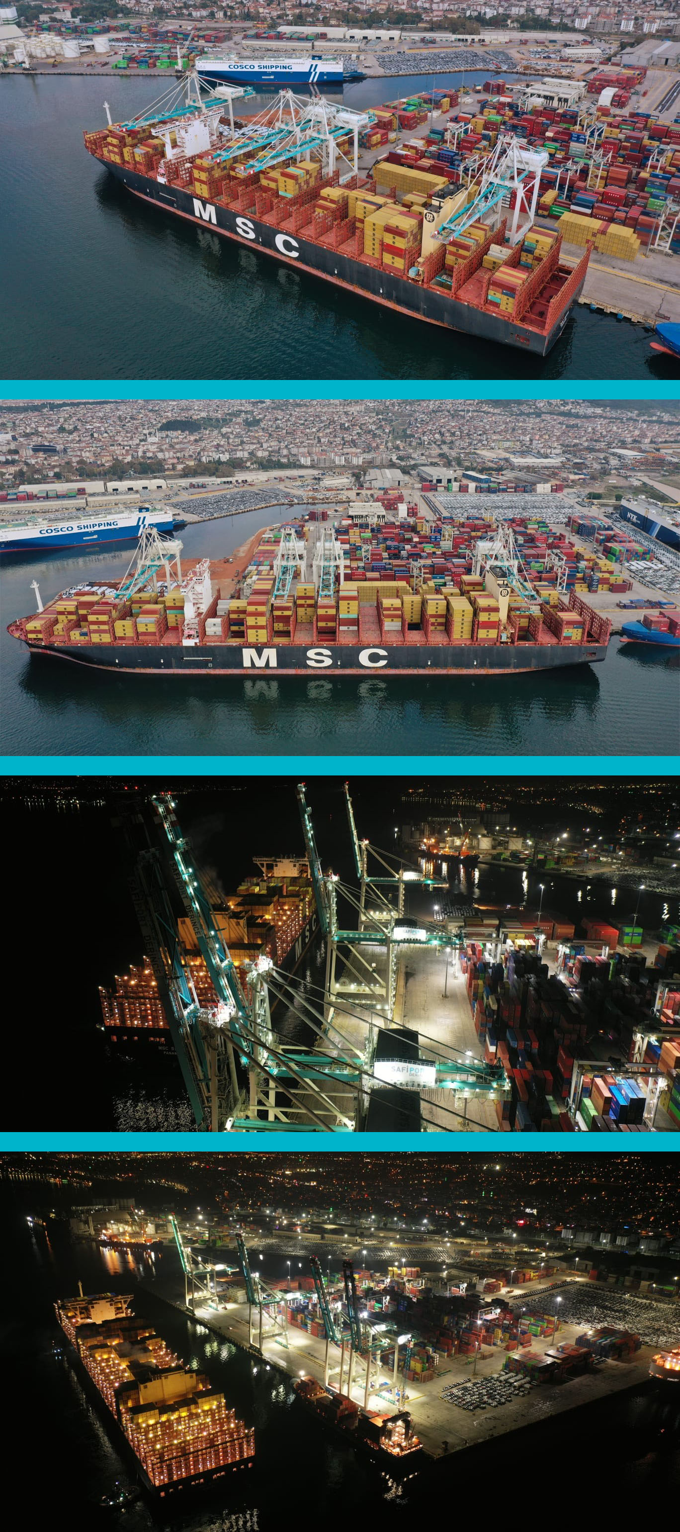 Dünyanın en büyük konteyner gemilerinden biri olan, Uzakdoğu direkt servisinde hizmet veren MSC SIXIN, dün gece limanımıza emniyetle yanaştı. 400 metre uzunluğa, 61 metre genişliğe ve 23.756 TEU kapasiteye sahip bu dev konteyner gemisinin yanaştırma, tahliye ve yükleme operasyonları başarıyla tamamlandı.