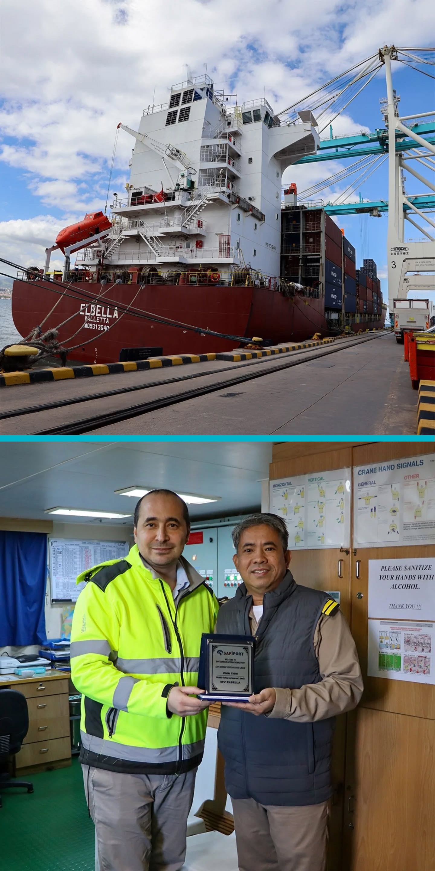 Türkiye - İtalya - Fransa rotasında hızlı ve doğrudan hizmet sunan CMA CGM'ye ait TURKEY MED EXPRESS (TMX 2) servisinin limanımıza uğrak yapan ilk gemisi ELBELLA oldu. Servisin ilk gemisine plaket takdim edildi.